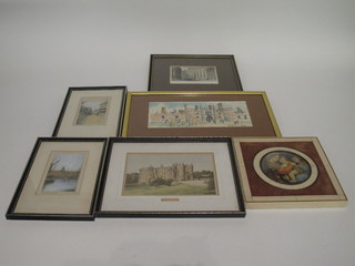 A reproduction portrait miniature "Madonna and Child" 4"  circular, a coloured print "London Westminster Bank", a coloured print "Picton Castle", watercolour "Hampton Court"  and 2 coloured etchings