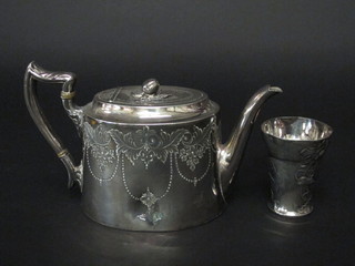 An oval engraved Britannia metal teapot together with an Art Nouveau silver plated beaker decorated flowers and butterflies  the base marked Urania Hotton Sheffield