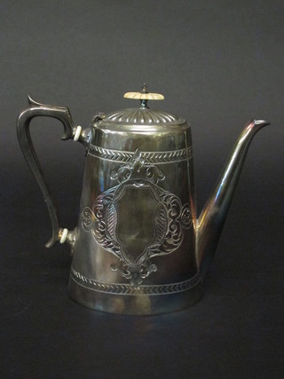 An oval engraved Britannia metal coffee pot with hinged lid