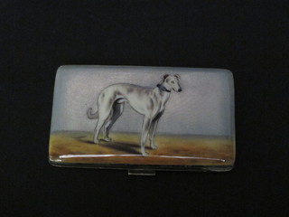 A Continental silver and enamelled cigarette case, the lid  decorated a figure of a standing greyhound 3 1/2"