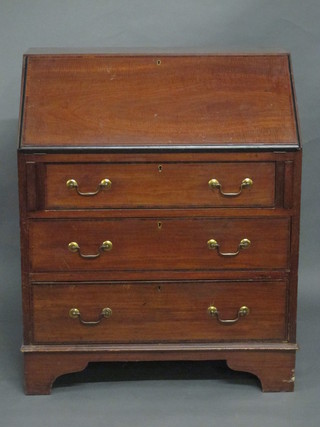 An Edwardian inlaid mahogany bureau, the fall front revealing a well fitted interior above 3 long drawers, raised on bracket feet  30"