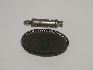 A miniature oval silver plated tea tray and a whistle - The Acme  City
