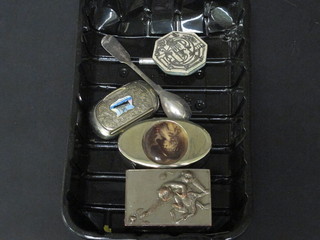 An antimony match box decorated a monkey, an oval silver  plated trinket box, a silver plated snuff box decorated SS  Orontes, etc