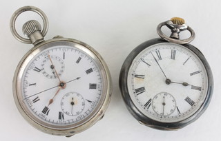 A stopwatch contained in a metal case marked R.FB. Rof Poole  no.2, together with a pocketwatch contained in a gun metal case