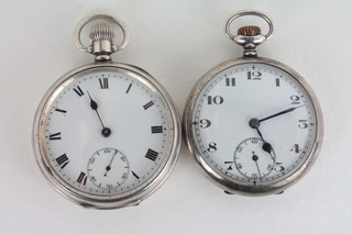 A gentleman's open faced dress pocket watch with enamelled  dial and Arabic numerals contained in a silver case and 1 other  silver cased pocket watch