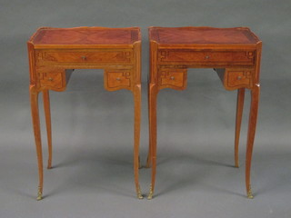 A pair of rectangular inlaid Kingwood bedside tables with three-quarter gallery fitted 1 long drawer above 2 short drawers,  raised on cabriole supports 18"
