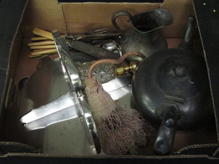 A Britannia metal teapot, a cut glass perfume atomiser, a small  collection of flatware etc