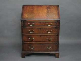 A Queen Anne style walnut bureau, the fall front revealing a well fitted interior above 4 long drawers with brass swan neck drop  handles, raised on bracket feet 29"