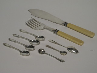 A pair of silver plated fish servers and a small collection of  flatware