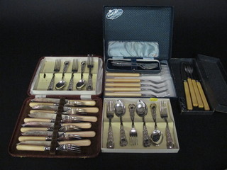 A set of 6 silver plated fish knives and forks, set of 4 knives and forks, 4 pudding spoons and forks and other cased cutlery