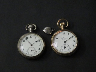A silver heart shaped locket, a silver open faced pocket watch  and a gilt metal open faced pocket watch