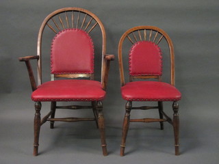 A set of 6 1930's beech framed sunburst back dining chairs - 2 carvers, 4 standard, raised on turned supports with H framed  stretchers