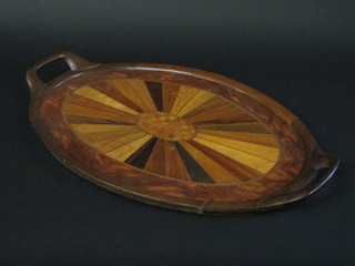An oval parquetry twin handled tea tray 23"