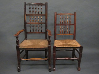 A set of 8 18th Century elm Lancashire spindle back dining  chairs - 2 carvers, 6 standard