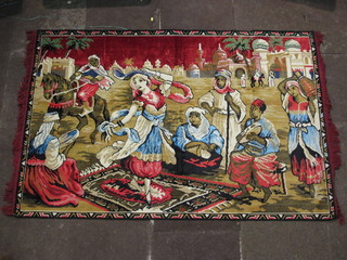 An Eastern machine made panel depicting Bazaar life 50" x 75"