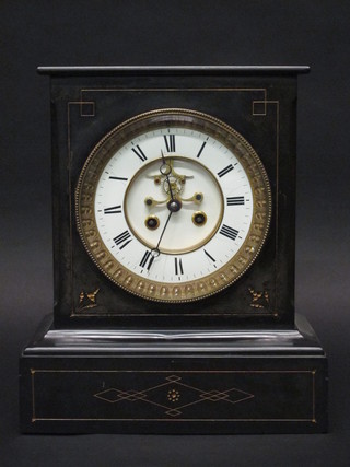 A 19th Century French 8 day striking mantel clock with  visible escapement, enamelled dial and Roman numerals, contained in a black marble case 11"  ILLUSTRATED