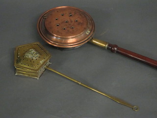 A copper warming pan with turned handle together with an octagonal brass chestnut roaster