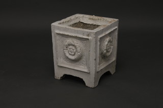 A square white painted garden urn with Tudor Rose decoration  12"