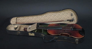 A violin with 14 1/2" back, complete with bow and fibre  carrying case