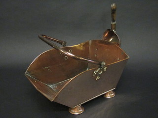 A Victorian rectangular copper coal scuttle and shovel