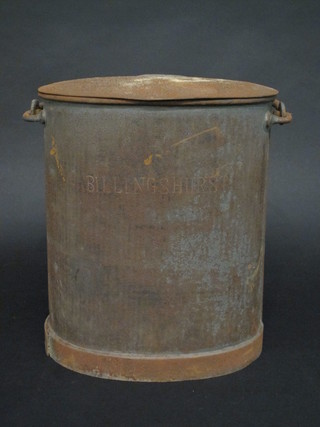An oval metal milk pail marked Billingshurst containing 2 milk ladles