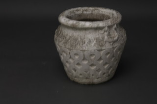 A circular concrete urn, the body with swag decoration 17"