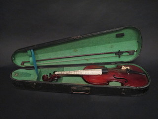 A violin with 2 piece back 14 1/2", labelled The Maidstone  contained in a wooden carrying case