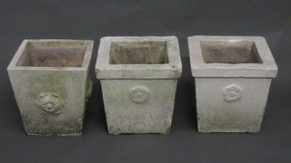 2 square concrete garden urns with Tudor Rose decoration 12"  and 1 other similar 11"