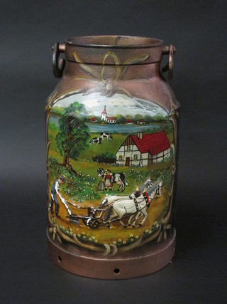 A Continental embossed and painted metal milk churn 18"