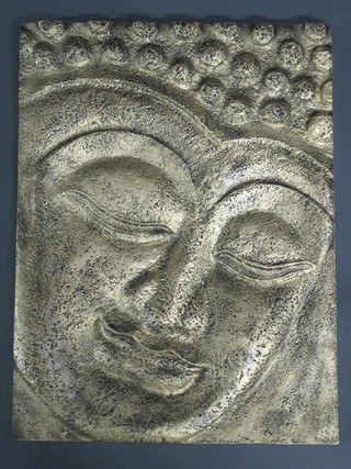 A rectangular resin wall plaque decorated a portrait of Buddha  23" x 17"