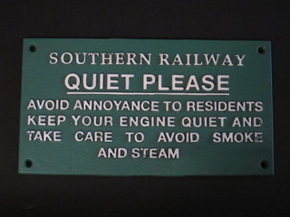 A reproduction cast iron Southern Railways "Quiet Please" sign