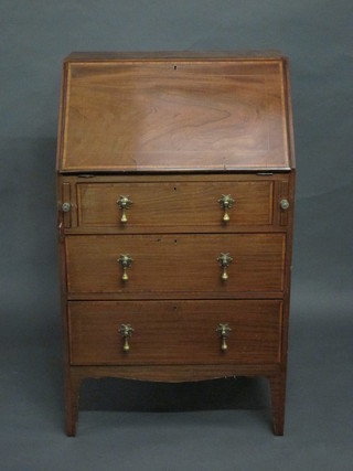 An Edwardian inlaid mahogany bureau, the fall front revealing a well fitted interior above 3 long drawers 24"