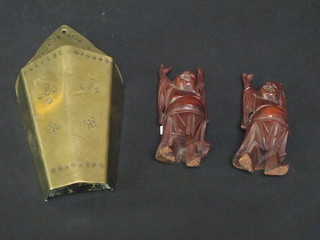 2 carved wooden figures of standing Buddhas 4" together with  an engraved brass flower stoop