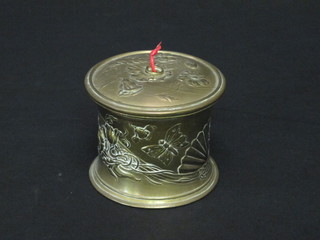 An Art Nouveau waisted and embossed brass string box 3"   ILLUSTRATED