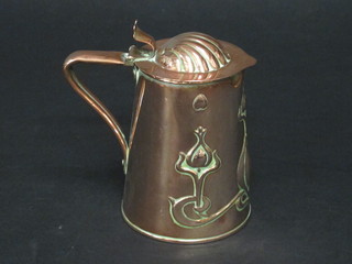 An Art Nouveau embossed copper jug with hinged lid, the base  marked J S & S RD09942 5"  ILLUSTRATED