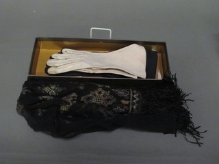 Various pairs of ladies evening gloves and a black scarf