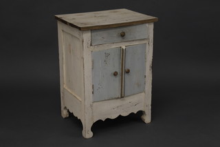 A turquoise and gilt painted bedside cabinet fitted a drawer above  a double cupboard 19"