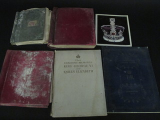 2 red Simplex stamp album, a green stamp album, 1 vol. The Coronation of King George VI 1937, an edition of The Illustrated  London News for the 1953 Coronation and a guide book to The  Tower of London, water damaged,