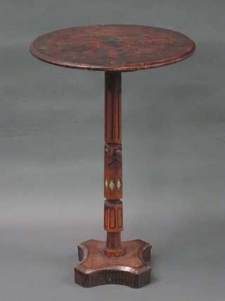 A 19th Century painted pine circular pedestal table, raised on a shaped column with triform base 18"