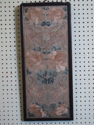 A rectangular Oriental silk embroidered panel decorated flowers  and dragons 19" x 7 1/2"