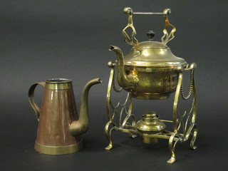 A brass spirit kettle and a copper and brass coffee pot, no lid,