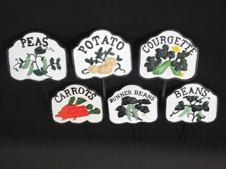6 cast iron vegetable signs - Potato, Peas, Courgette, Runner Beans, Carrots and Beans