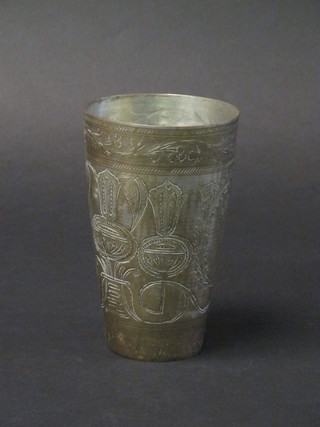 An Eastern engraved white metal beaker 6"