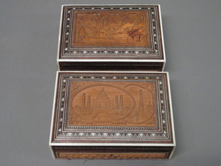 2 Eastern carved hardwood trinket boxes with hinged lids 7"