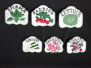 6 cast iron vegetable/salad signs - radishes, spinach, sweet pea,  onion, tomatoes and lettuce