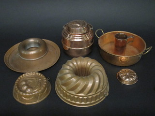 2 reproduction copper jelly moulds and a small collection of  copper