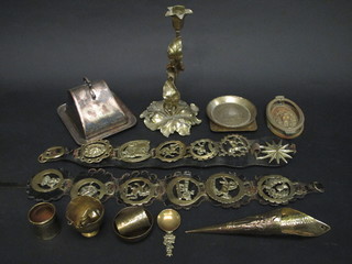 A silver plated butter dish, 2 leather martingales hung horse brasses and a small collection of brassware