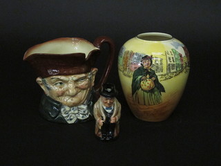 A Royal Doulton character jug - Seated Winston Churchill 3", chip to rim and hat, 1 other Old Charlie 6" and a Seriesware vase  decorated Sairey Gamp 7"