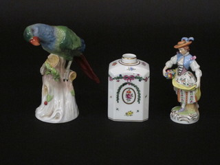 A late Dresden figure of a parakeet, wing chipped, 7", do.  figure of a standing lady 6" together with a flask 4"
