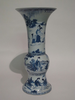 A large Oriental blue and white trumpet shaped vase decorated  court figures, the base with 6 character mark 25"